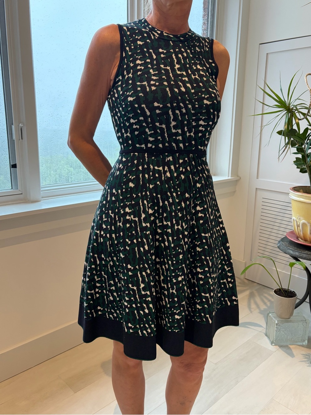 Eliza J Dark Green and Black Printed Sleeveless Fit-and-Flare Dress